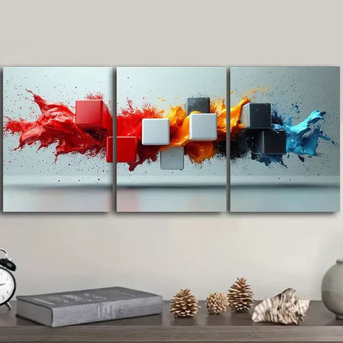 3 PCS Black And White Cubes Color Splash Wall Art Set Canvas Unframed - High Quality Print 100% Australian Made Wall Canvas - Bella Home Decor