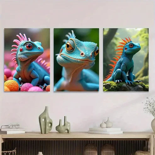 3pcs Vibrant Lizard Triptych Colorful Reptile Wall Art Set Canvas Unframed - High Quality Print 100% Australian Made Wall Canvas