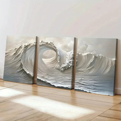 3pcs Abstract Ocean Wave Monochromatic Wall Art Set Canvas Framed 50x70cm - High Quality Print 100% Australian Made Wall Canvas Ready to Hang - Bella Home Decor