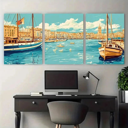 3pcs Mediterranean France Poster Vintage Perfect Wall Art Set Canvas Framed 50x70cm - High Quality Print 100% Australian Made Wall Canvas Ready to Hang