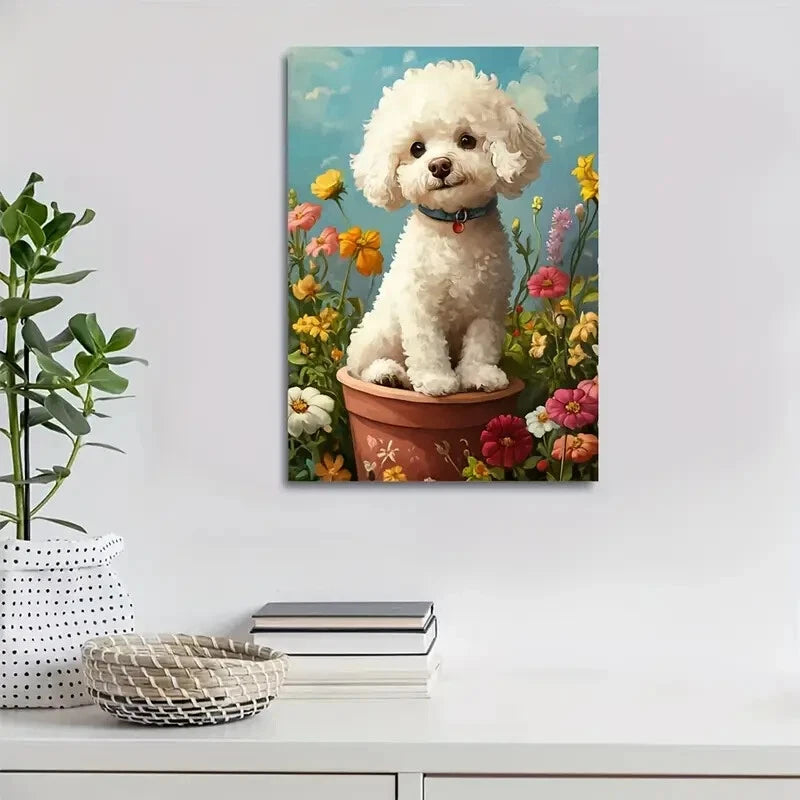 Cute Bichon Frise Dog with Flowers & Plants Painting 40x60cm Metal Print Ready to Hang - Bella Home Decor