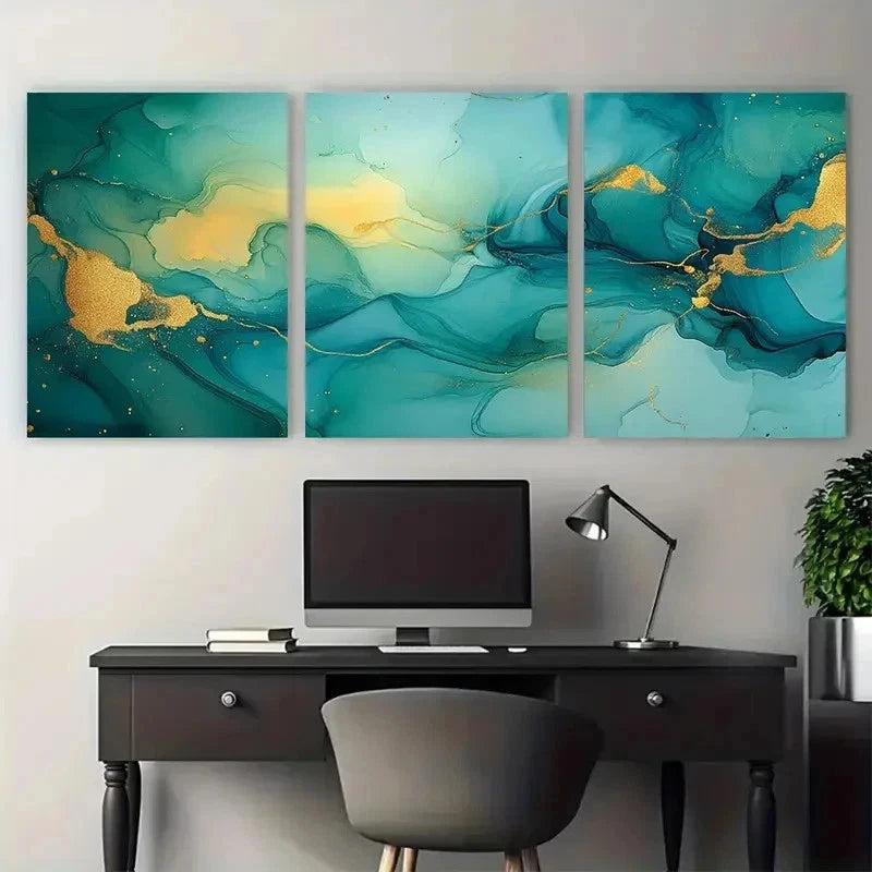 3pcs Vibrant Green Blue Yellow With Gold Perfect Wall Art Set Canvas Framed 50x70cm - High Quality Print 100% Australian Made Wall Canvas Ready to Hang