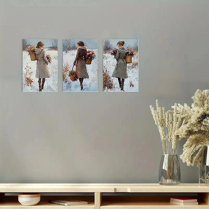3pcs Vintage Winter Forest Beautiful Girl Wall Art Canvas Framed 40x60cm - High Quality Print 100% Australian Made Wall Canvas Ready to Hang