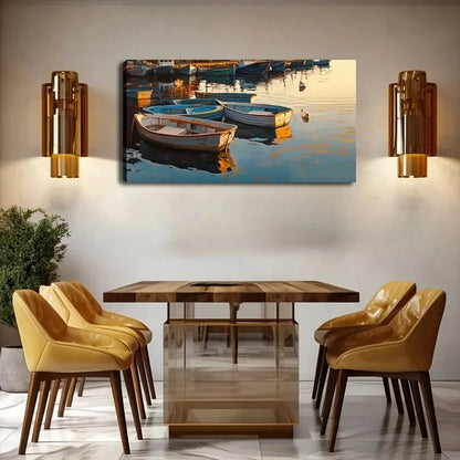 Wooden Boats & Reflections Wall Art Canvas Office Home Room Framed 120x60cm.
