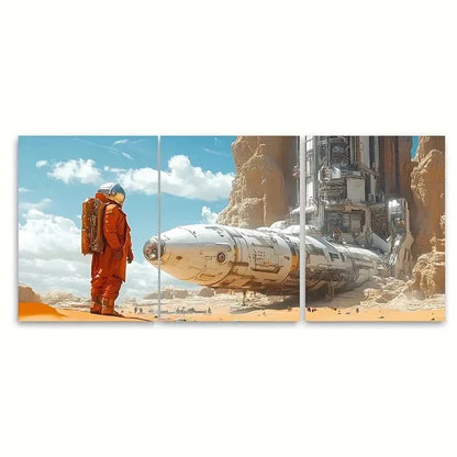 3pcs Space Explorer in Industrial Desert ER  Wall Art Set Canvas Framed 50x70cm - High Quality Print 100% Australian Made Wall Canvas Ready to Hang