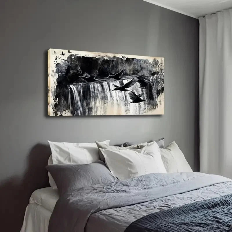 Black And White Waterfall Birds Wall Art Canvas Office Home Room Framed 120x60cm