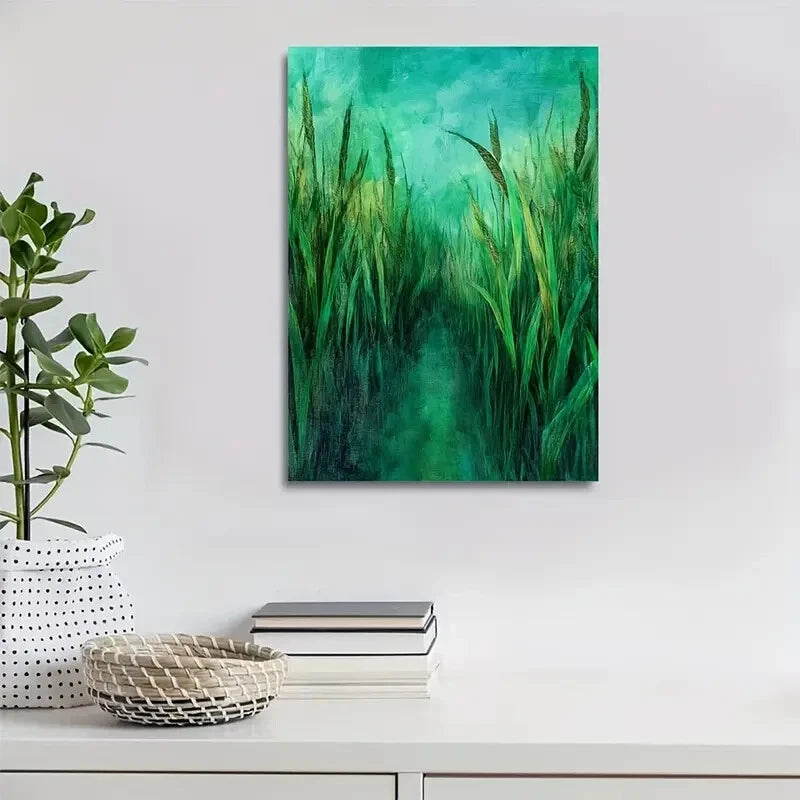 Emerald Green Sugarcane Meadow Watercolor Painting 40x60cm Metal Print Ready to Hang - Bella Home Decor