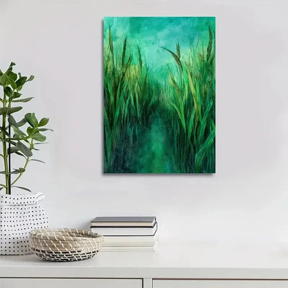 Emerald Green Sugarcane Meadow Watercolor Painting 40x60cm Metal Print Ready to Hang - Bella Home Decor