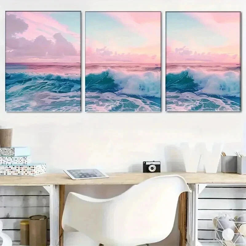 3pcs Ocean Wave Pink Sky Sea Landscape Perfect Wall Art Set Canvas Framed 50x70cm - High Quality Print 100% Australian Made Wall Canvas Ready to Hang - Bella Home Decor