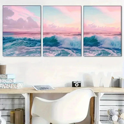 3pcs Ocean Wave Pink Sky Sea Landscape Perfect Wall Art Set Canvas Framed 50x70cm - High Quality Print 100% Australian Made Wall Canvas Ready to Hang - Bella Home Decor