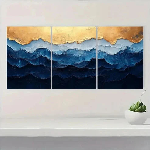 3pcs Blue and White Golden Texture Painting EO Wall Art Set Canvas Unframed - High Quality Print 100% Australian Made Wall Canvas - Bella Home Decor