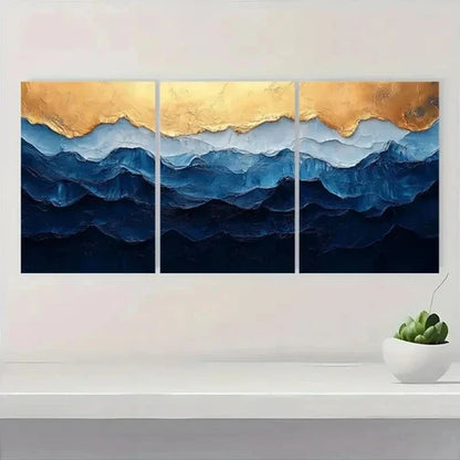 3pcs Blue and White Golden Texture Painting EO Wall Art Set Canvas Unframed - High Quality Print 100% Australian Made Wall Canvas - Bella Home Decor
