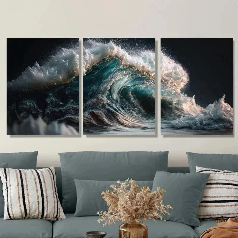 3pcs Ocean Wave Triptych Blue Sea Wall Art Set Canvas Framed 50x70cm - High Quality Print 100% Australian Made Wall Canvas Ready to Hang