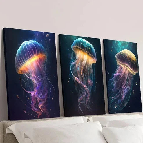 3pcs Vibrant Galaxy Jellyfish Sea Life Wall Art Set Canvas Unframed - High Quality Print 100% Australian Made Wall Canvas