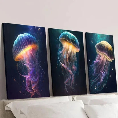 3pcs Vibrant Galaxy Jellyfish Sea Life Wall Art Set Canvas Unframed - High Quality Print 100% Australian Made Wall Canvas