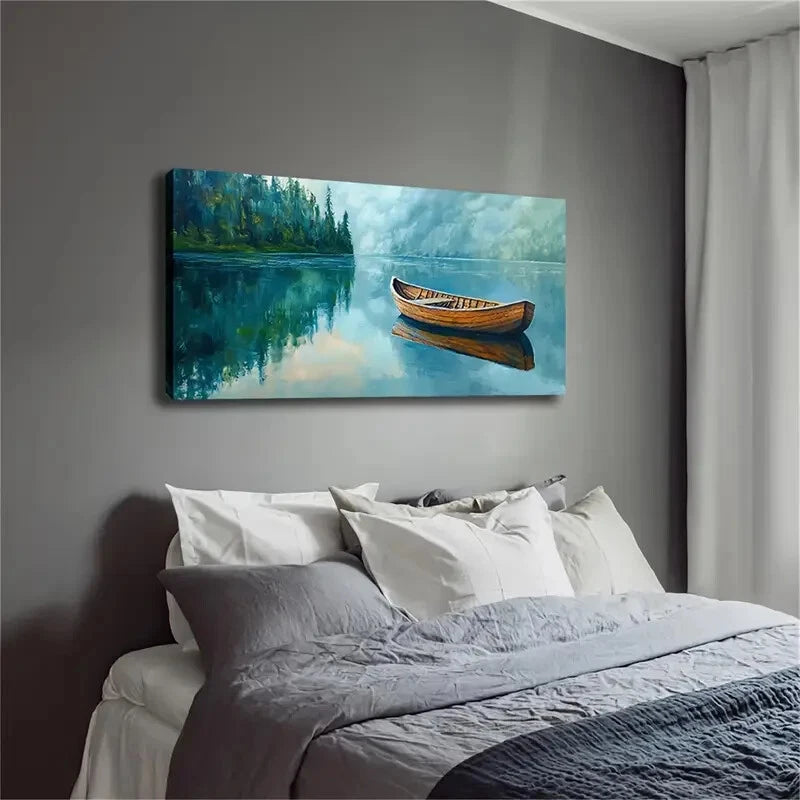 Realistic Serene Lake Boat Wall Art Canvas Office Home Room Framed 120x60cm