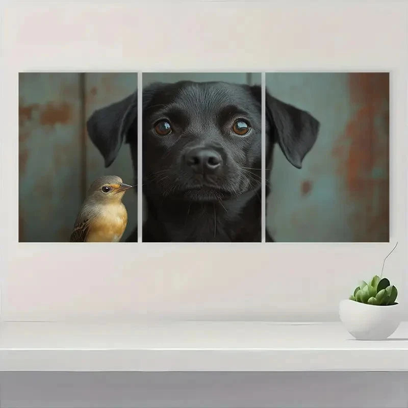 3pcs Black Dog with Bird, Rustic H  Wall Art Set Canvas Framed 40x60cm - High Quality Print 100% Australian Made Wall Canvas Ready to Hang - Bella Home Decor