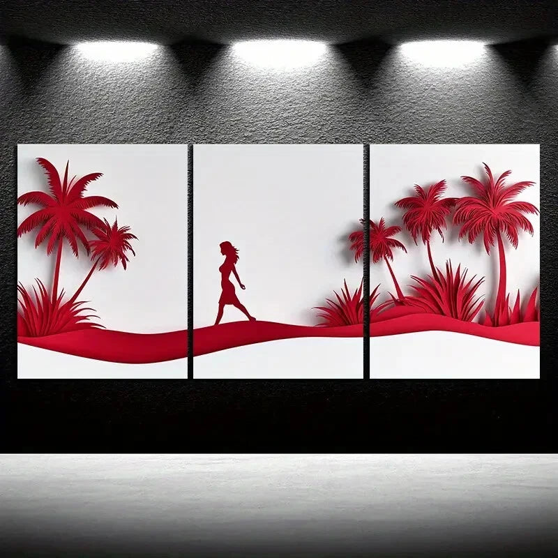 3pcs Red Coconut Trees And Women White Beach Metal Print Ready to Hang Art - Bella Home Decor