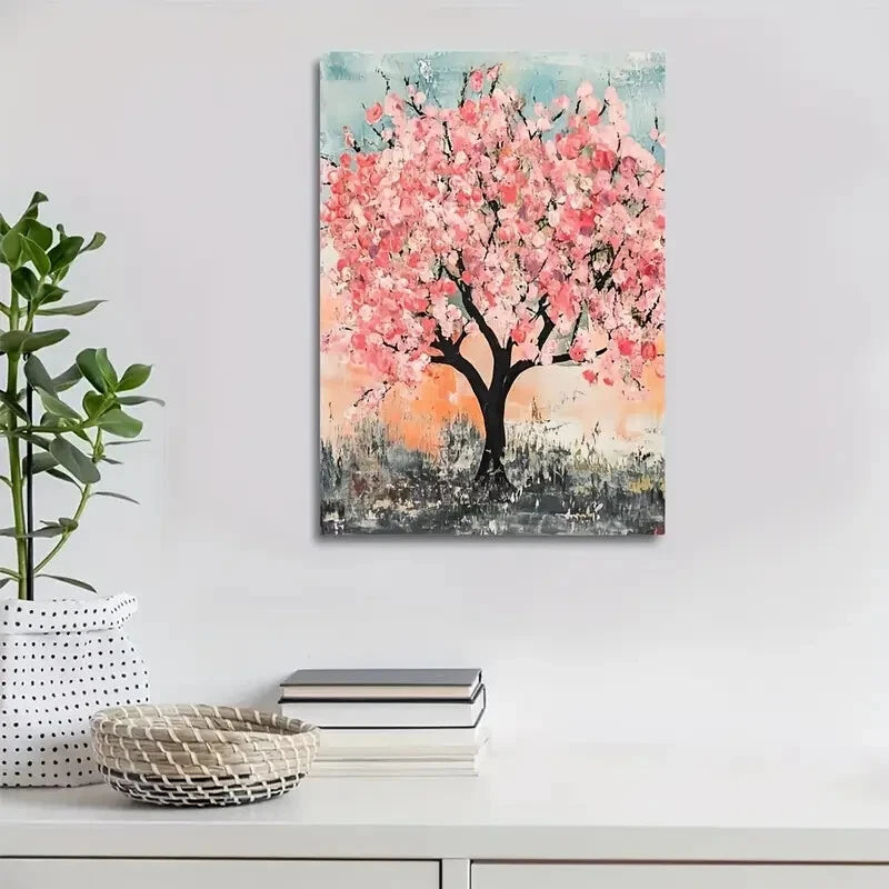 Vibrant Pink Peach Tree Forest with Sunset Painting 40x60cm Metal Print Ready to Hang - Bella Home Decor