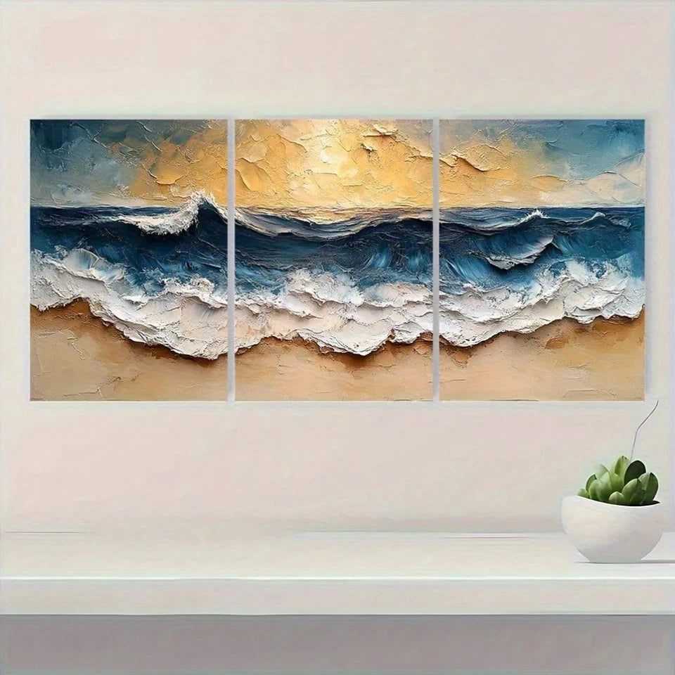 3pcs Abstract Ocean Wave Textured Metal Print Ready to Hang Art - Bella Home Decor
