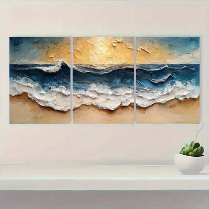 3pcs Abstract Ocean Wave Textured Metal Print Ready to Hang Art - Bella Home Decor