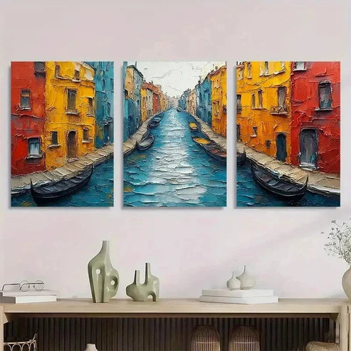3pcs Gondolas Colorful Buildings Vibrant Wall Art Canvas Unframed - High Quality Print 100% Australian Made Wall Canvas - Bella Home Decor