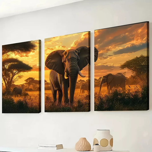 3pcs Grassland Natural Sunset Scenery Elephant Wall Art Set Canvas Framed 50x70cm - High Quality Print 100% Australian Made Wall Canvas Ready to Hang