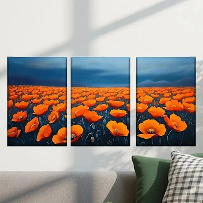 3pcs Orange Flowers in a Field & Dark Sky Wall Art Set Canvas Framed 50x70cm - High Quality Print 100% Australian Made Wall Canvas Ready to Hang