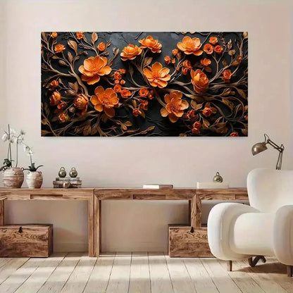 Elegant Orange & Golden Floral Wall Art Canvas Office Home Room Framed 120x60cm