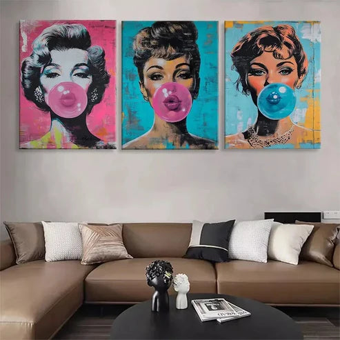 3pcs Pop Art Glamorous Women Gum Blowing Wall Art Canvas Unframed - High Quality Print 100% Australian Made Wall Canvas
