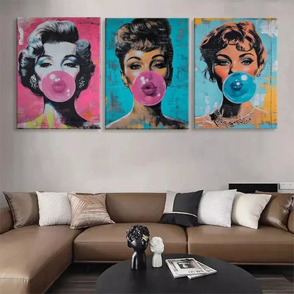 3pcs Pop Art Glamorous Women Gum Blowing Wall Art Canvas Unframed - High Quality Print 100% Australian Made Wall Canvas