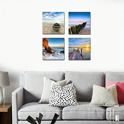 4pcs Wieco Art Beach Pictures Wall Art Canvas Framed