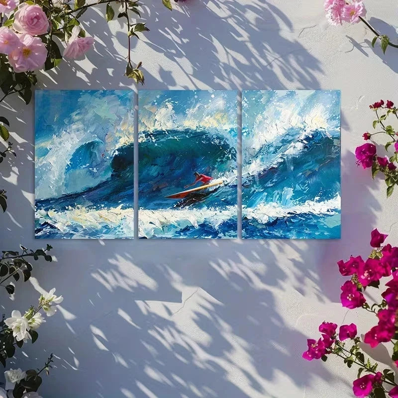 3pcs Waves Test a Surfer’s Willpower Metal Print Ready to Hang Art
