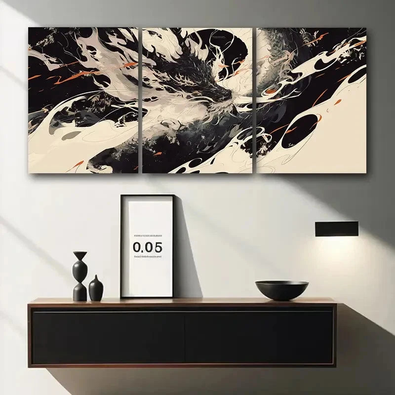 3pcs Dragon Elegant Black & White Abstract Metal Print Ready to Hang Art - Bella Home Decor