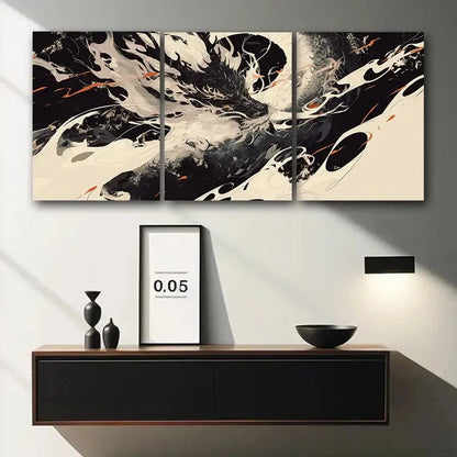 3pcs Dragon Elegant Black & White Abstract Metal Print Ready to Hang Art - Bella Home Decor