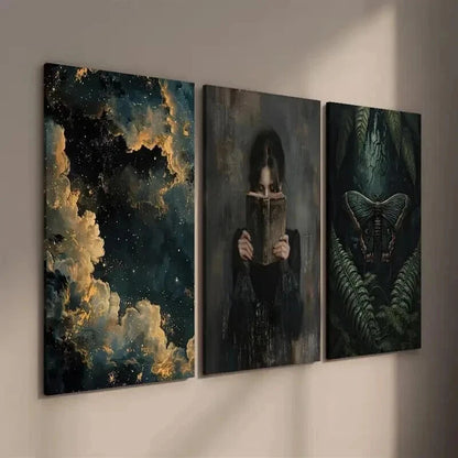 3pcs Dark Female Reading Moth & Botanical Decor Wall Art Set Canvas Framed 50x70cm - High Quality Print 100% Australian Made Wall Canvas Ready to Hang