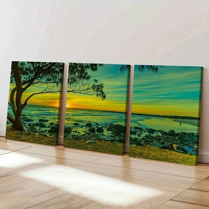 3pcs Beach Sunset Seaside Natural Landscape Wall Art Set Canvas Framed 40x60cm - High Quality Print 100% Australian Made Wall Canvas Ready to Hang - Bella Home Decor