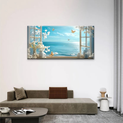 Ocean Butterflies Blue Sky Wall Art Canvas Office Home Room Framed 120x60cm
