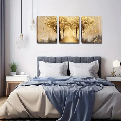3pcs Earthy Yellow Color And Fallen Leaves  Wall Art Set Canvas Unframed - High Quality Print 100% Australian Made Wall Canvas - Bella Home Decor