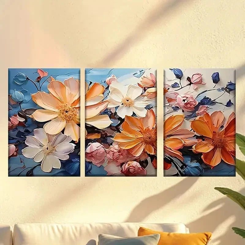 3pcs  painting of flowers on a blue background Wall Art Set Canvas Framed 60x90cm - High Quality Print 100% Australian Made Wall Canvas Ready to Hang - Bella Home Decor
