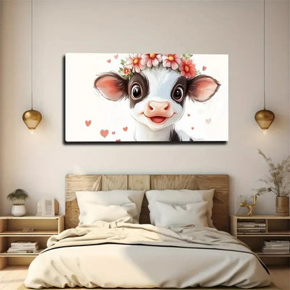 Whimsical Cow Floral Garland Wall Art Canvas Office Home Room Framed 120x60cm