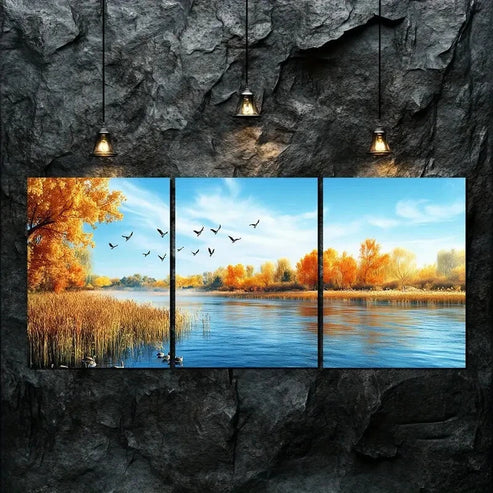 3pcs Autumn Golden Trees Lake Scene Perfect Wall Art Canvas Unframed - High Quality Print 100% Australian Made Wall Canvas - Bella Home Decor