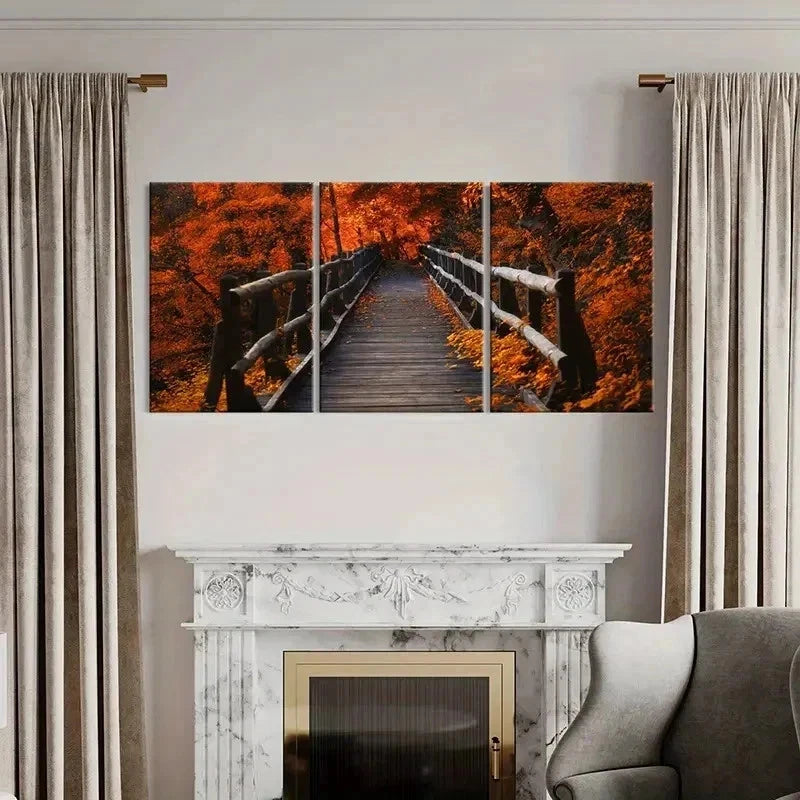 3pcs Vibrant Maple Leaf Bridge Scenery Wall Art Set Canvas Framed 60x90cm - High Quality Print 100% Australian Made Wall Canvas Ready to Hang - Bella Home Decor