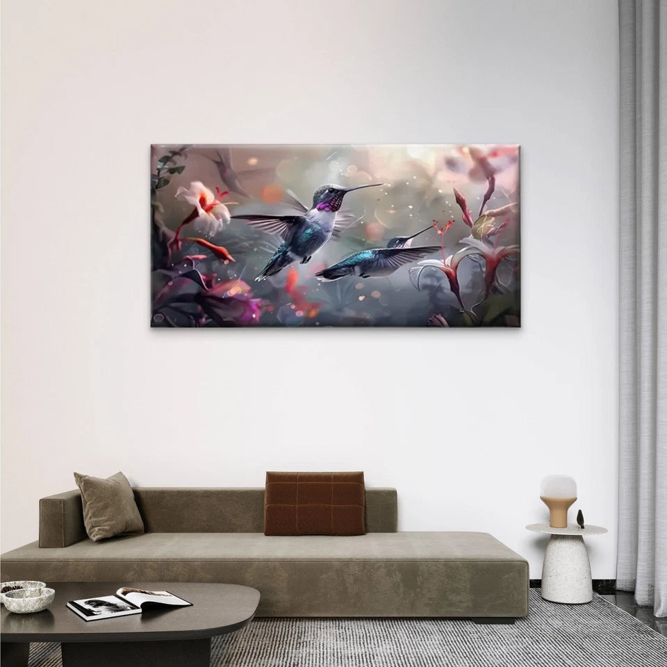Hummingbirds Flowers Nature Wall Art Canvas Office Home Room Framed 120x60cm