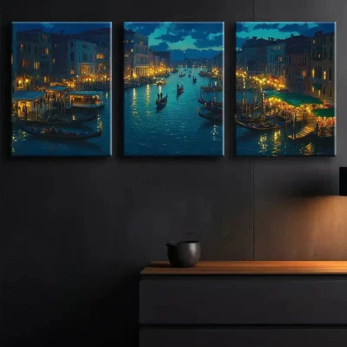 3pcs Venice's Grand Canal at Night Dark Perfect Wall Art Set Canvas Unframed - High Quality Print 100% Australian Made Wall Canvas