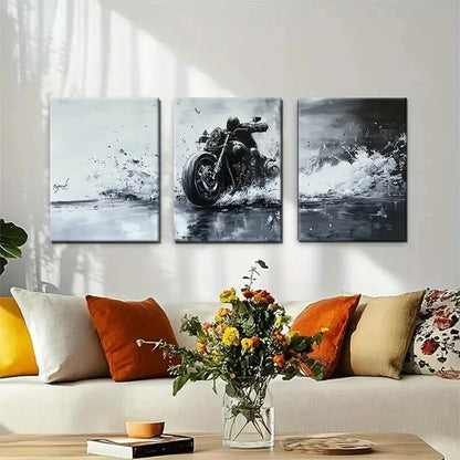 3pcs Black & White Motorcycle Dynamic Perfect Wall Art Set Canvas Framed 50x70cm - High Quality Print 100% Australian Made Wall Canvas Ready to Hang