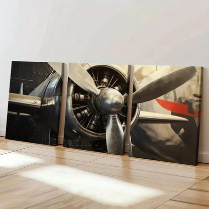 3pcs Airplane Propeller Engine Vintage Wall Art Set Canvas Framed 50x70cm - High Quality Print 100% Australian Made Wall Canvas Ready to Hang - Bella Home Decor