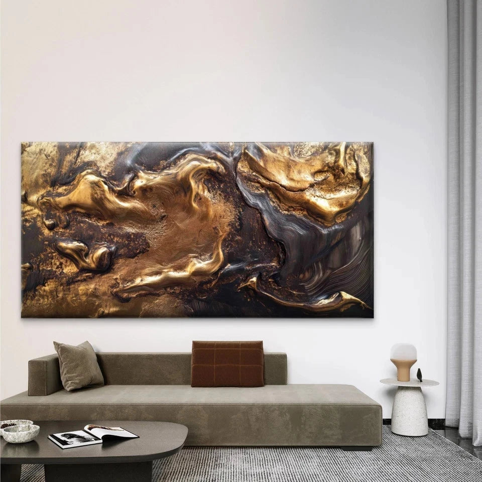 Abstract Gold Black Fluid Wall Art Canvas Office Home Room Framed 120x60cm