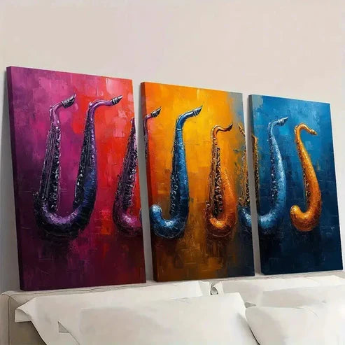 3pcs Vibrant Saxophone In Purple Orange & Blue Wall Art Canvas Unframed - High Quality Print 100% Australian Made Wall Canvas