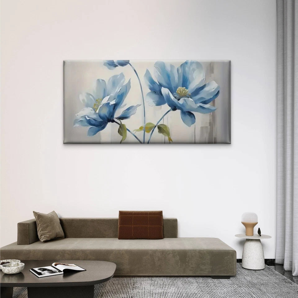 Modern Blue Floral Abstract Wall Art Canvas Office Home Room Framed 120x60cm